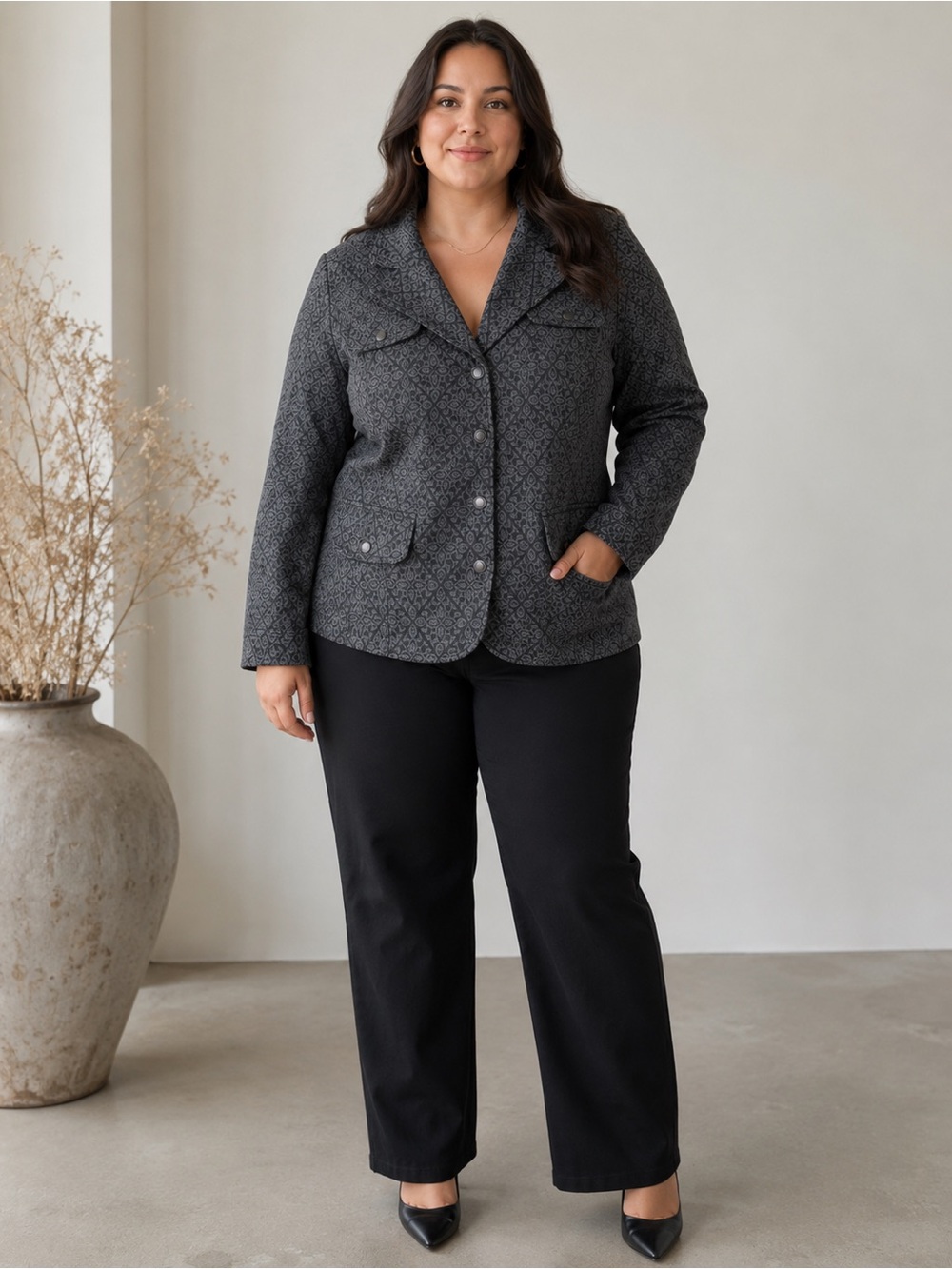 LOFT Charcoal Gray Patterned Snap-Front Blazer